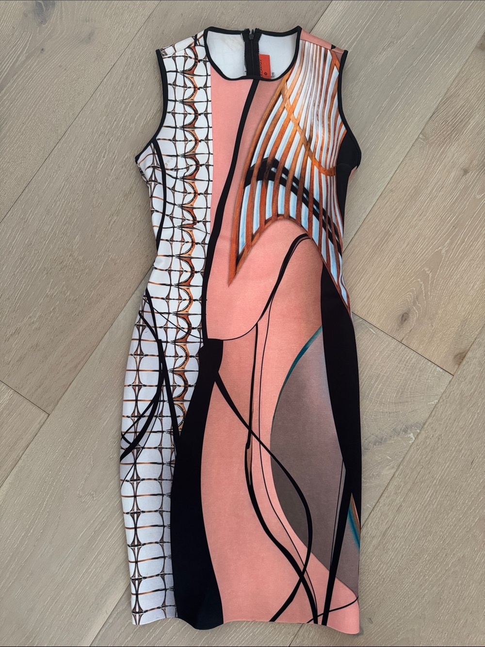 Clover Canyon Peach, Black and White Abstract Midi Sheath Dress